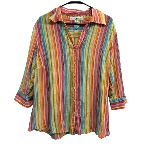 Tommy Hilfiger Womens Multicolor Striped Button-Up Shirt Size 18 - Picture 1 of 9